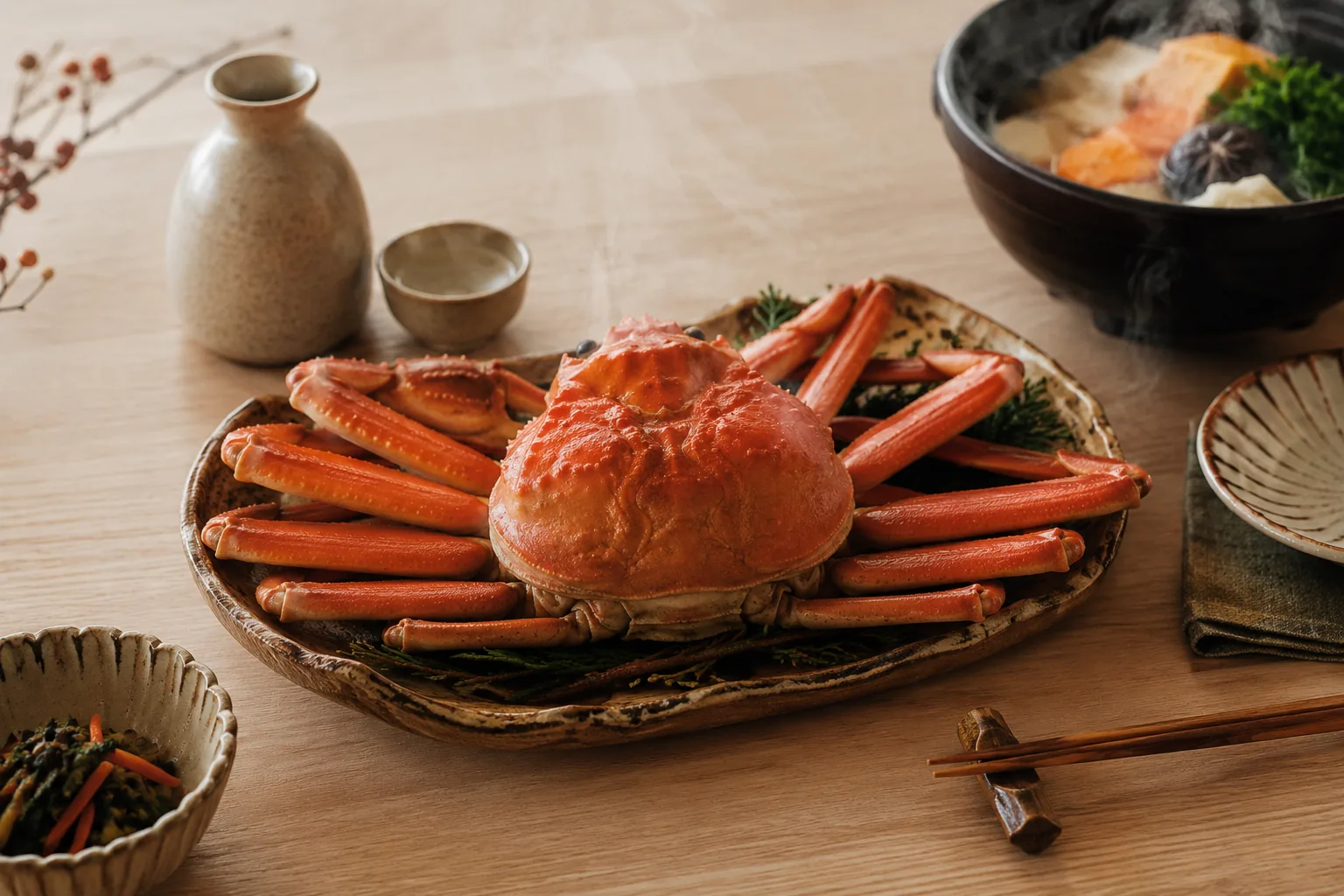 冬の食卓に並んだ茹で姿のカニ